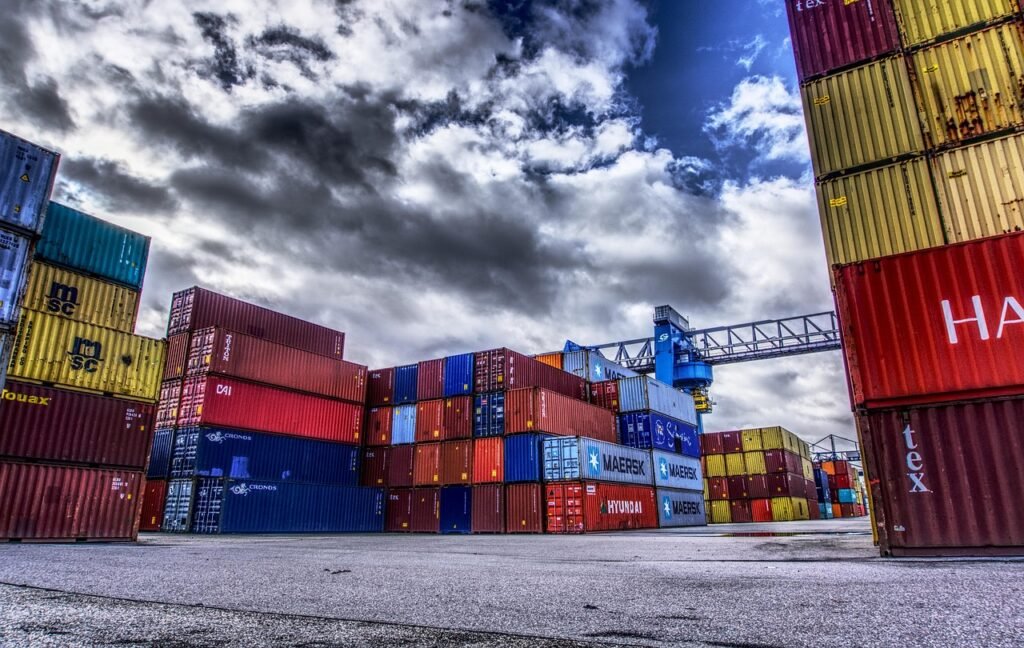 container, port, loading, stacked, container terminal, container handling, loading crane, crane, freight, transshipment point, germany, to dye, heaven, nature, clouds, hdr, contrast, high dynamic range, multicoloured, export, cargo container, transport system, horizontal, industry