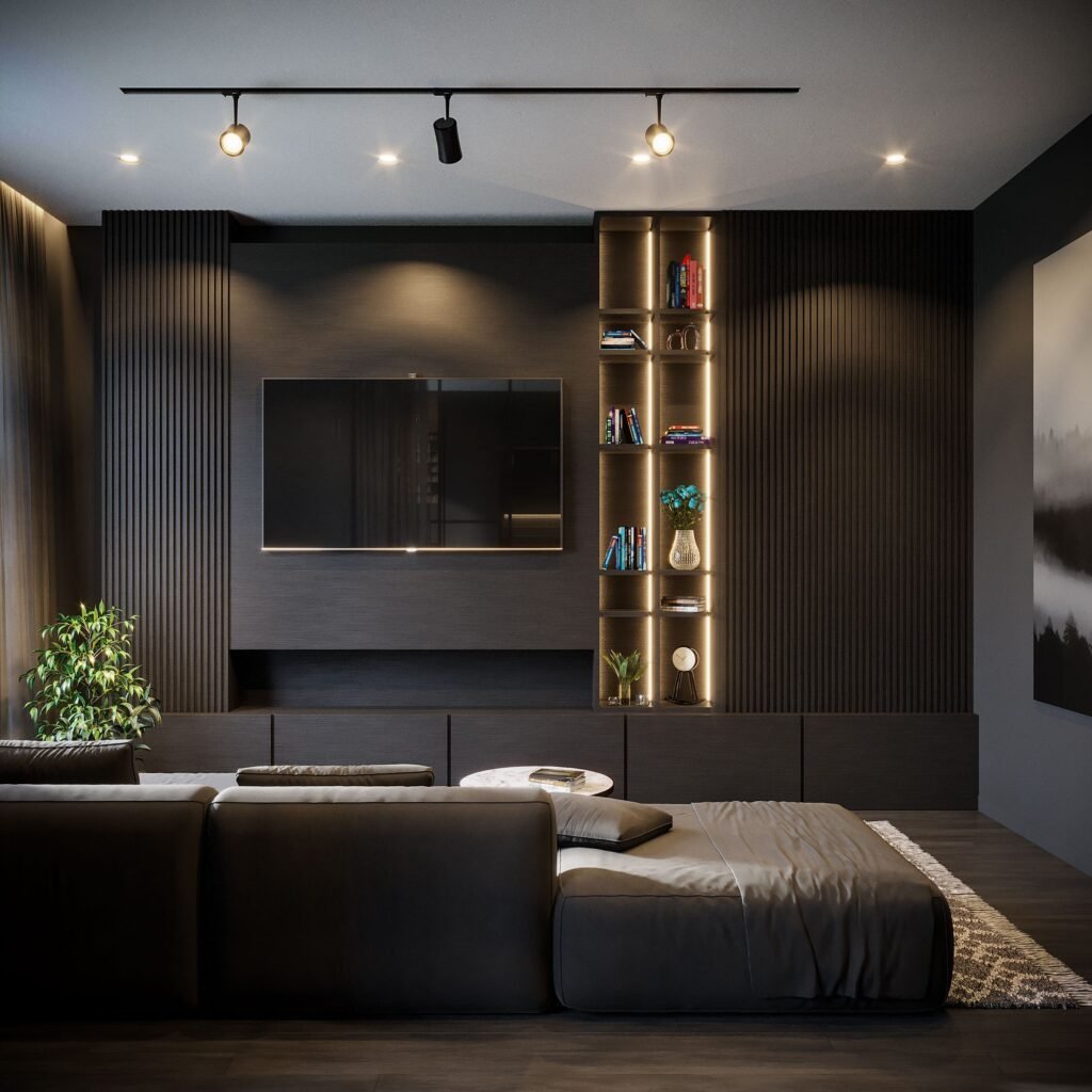 Stylish modern living room featuring sleek furniture and a large flat-screen TV.