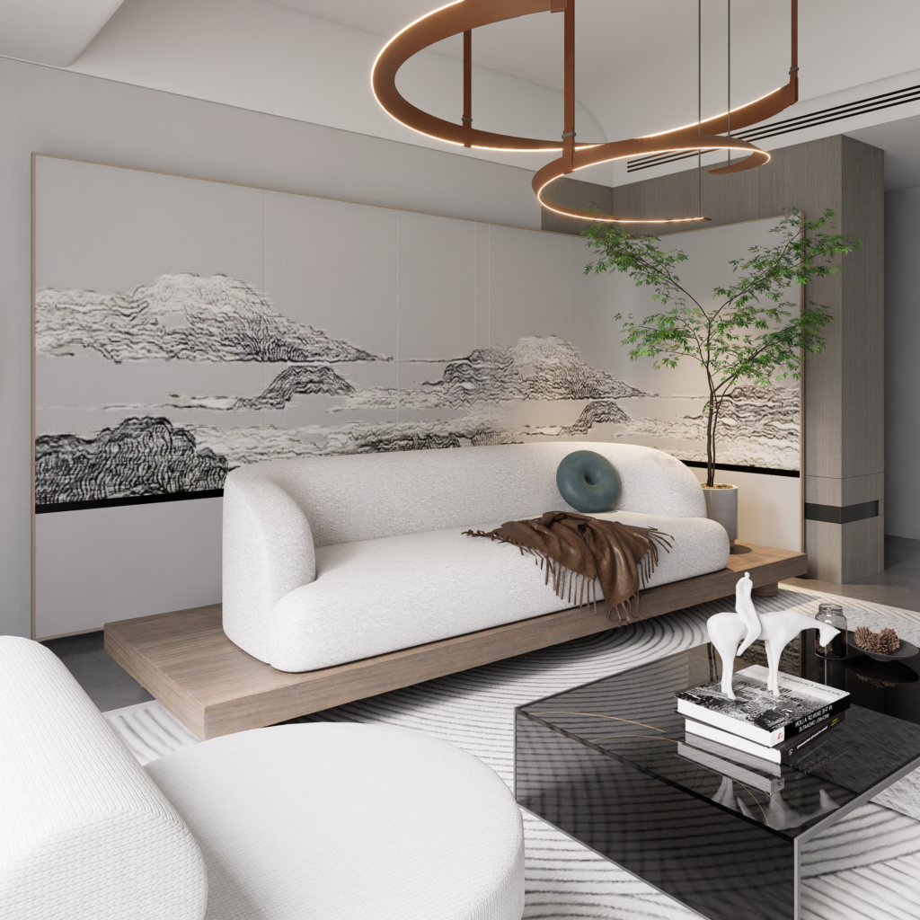A contemporary living room with minimalist design and luxurious details, featuring abstract art.